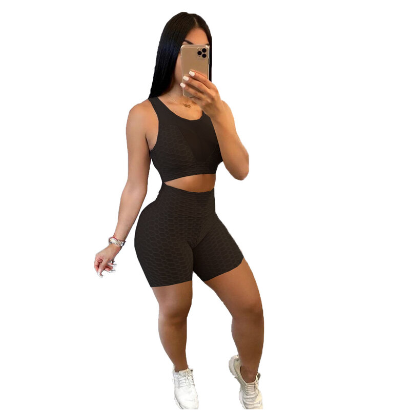 Echoine Solid waffle Sheer Mesh Patchhwork Sleeveless Tank Top Shorts Set Casual Sporty Active Jogger Suit Fitness Two Piece Set