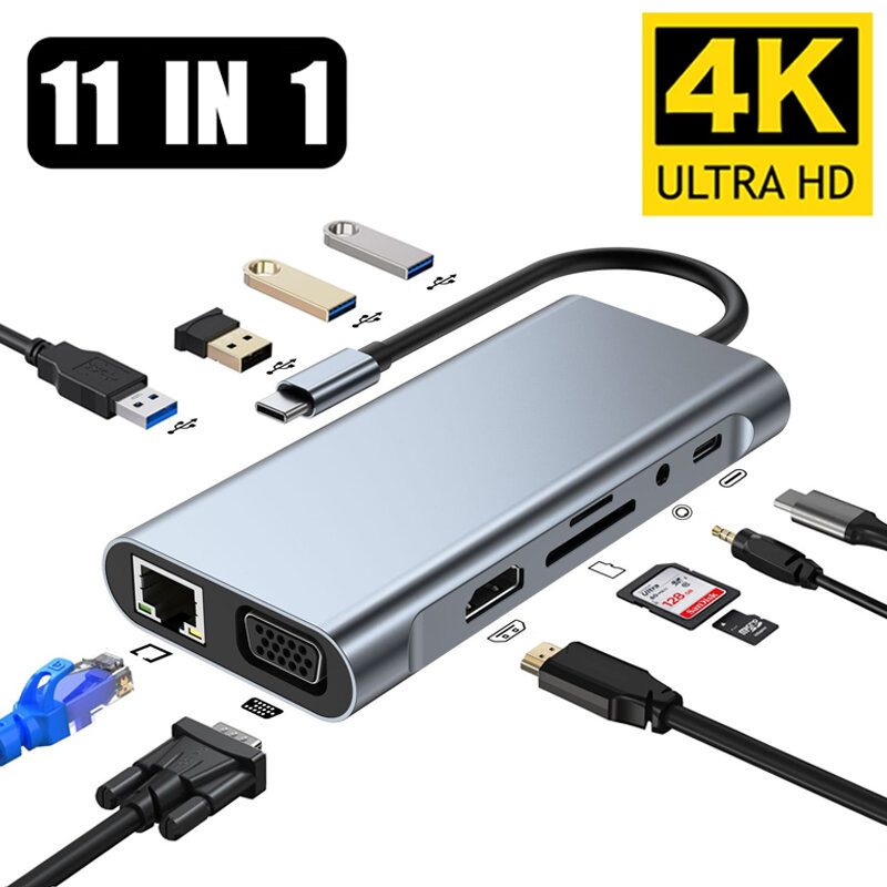 USB C 허브 유형 C-HDMI 호환 RJ45 5/6/8/11 포트 PD TF SD AUX Usb 허브 3 0 분배기 MacBook Air Pro PC 허브 용