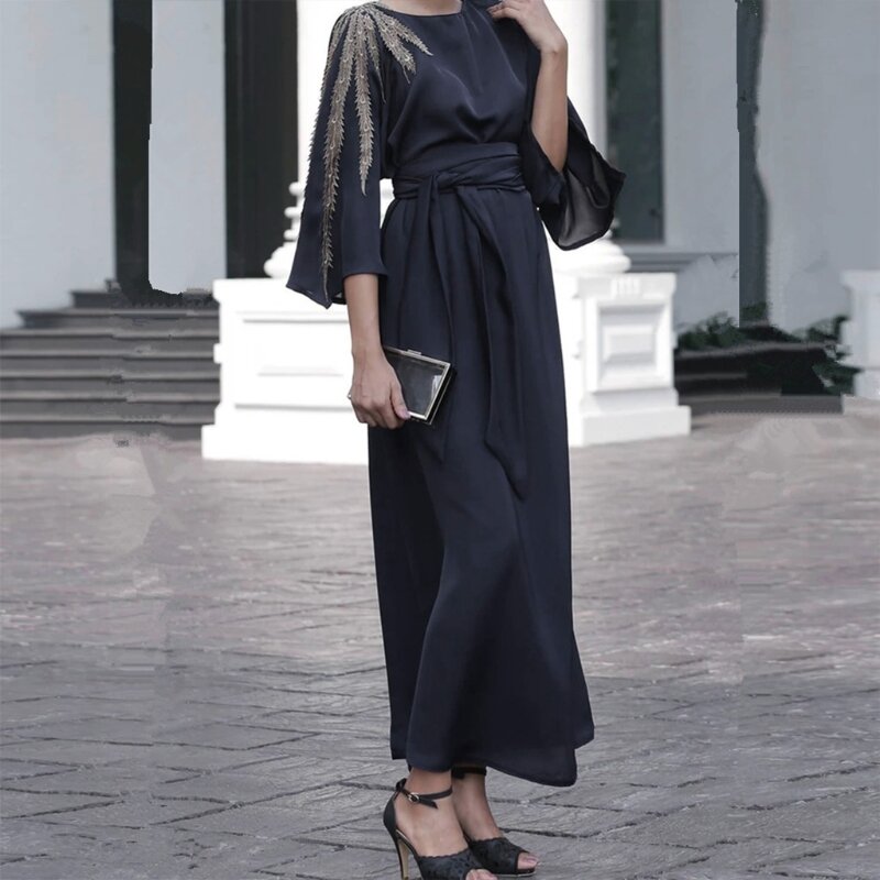Women Muslim Flare Sleeve Satin Maxi Dress Embroidery Applique Dubai Robe Kaftan 