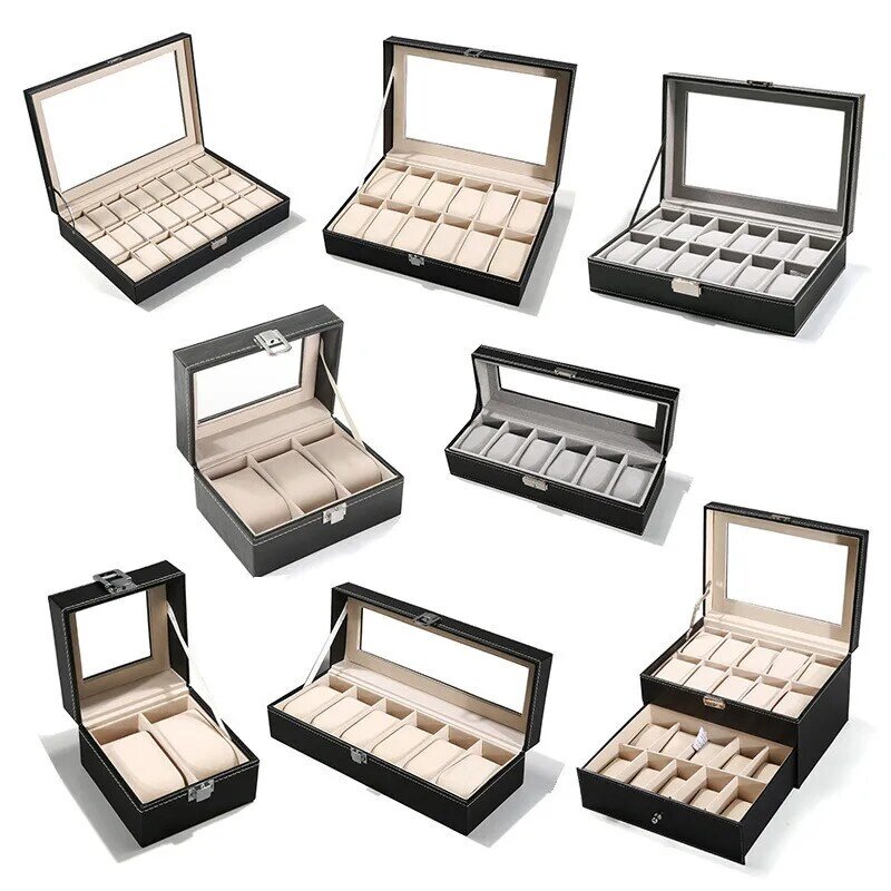 Caja de exhibición de reloj de pulsera, organizador de almacenamiento con ranuras de PU, 2, 3, 6, 12, 20 y 24 rejillas, caja de exhibición de joyería