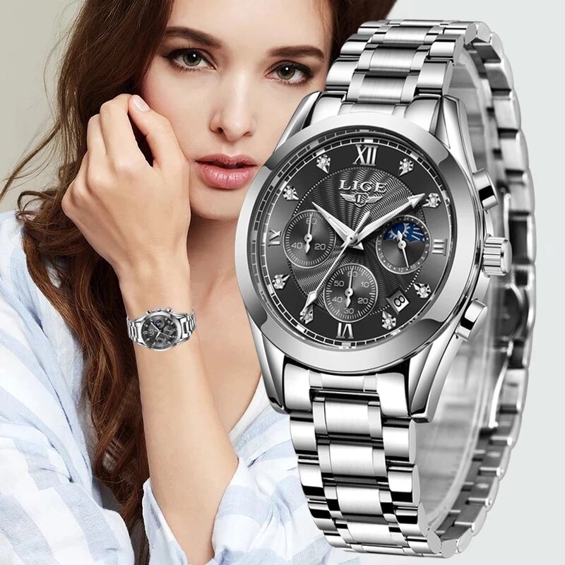 LIGE 2022ใหม่นาฬิกาแฟชั่นผู้หญิงนาฬิกาสุภาพสตรีสร้างสรรค์เหล็กสร้อยข้อมือผู้หญิงนาฬิกาผู้หญ...