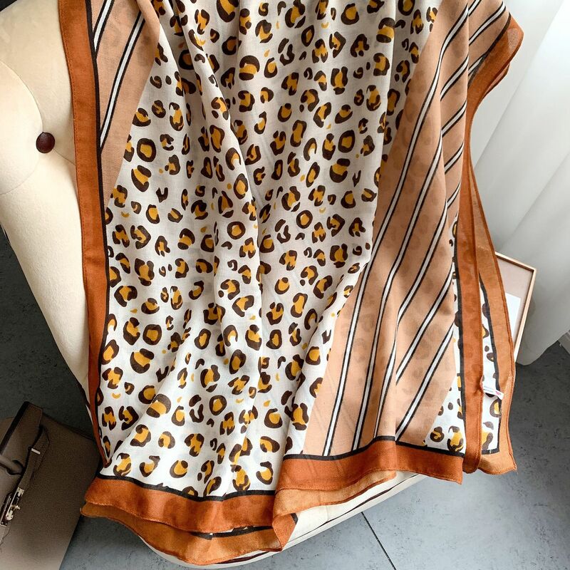 Lenço de linho estampado de leopardo feminino, lenço de linho de algodão para mulheres, longo, xale, elegante e macia, 90x180cm para verão e praia