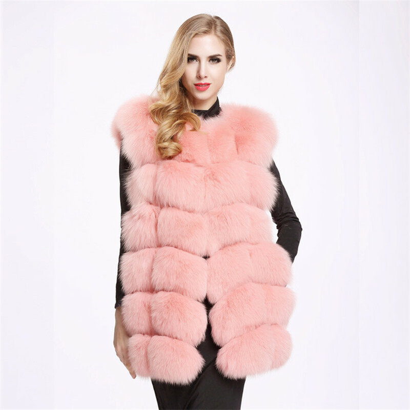 Elegant Medium Long Women's Faux Fur Vest 2021 High Quality Fashion Warm Winter Artificial Fox Fur Vest  Fake Fur Jacket & Coat