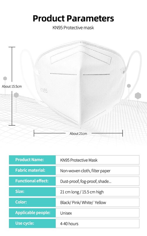 Mascarillas protectoras KN95 para adultos, máscara con filtro de 5 capas, FFP2, CE, 10-100 unidades
