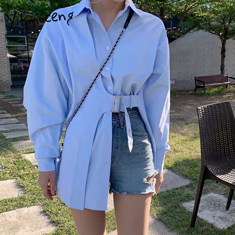 Асимметричная блузка Yitimuceng, женские корейские модные офисные рубашки с поясом, голубые и черные повседневные топы, весна-лето 2021