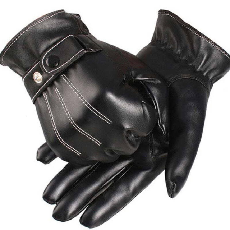 Warm Winter Leather Gloves Men Women Three-Line Plus Strip Velvet Riding Touch Screen Warm Gloves Driving Black Winter Gloves
