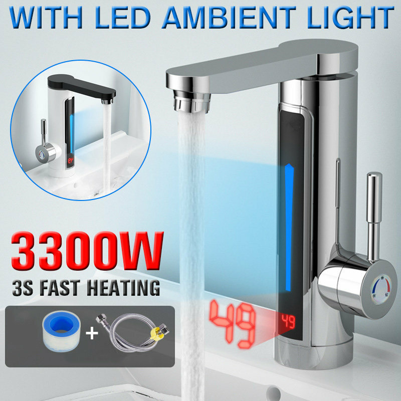 Grifo calentador de agua instantáneo eléctrico de 3300W, luz LED ambiental, pantalla de temperatura, baño, cocina, calefacción instantánea
