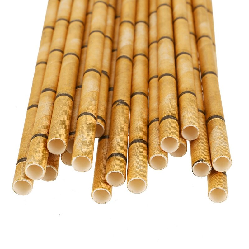 Canudos de papel estampados em bambu, 25 peças, canudos descartáveis para bebida, suco, canudo, decoração de casamento, aniversário, suprimentos de eventos