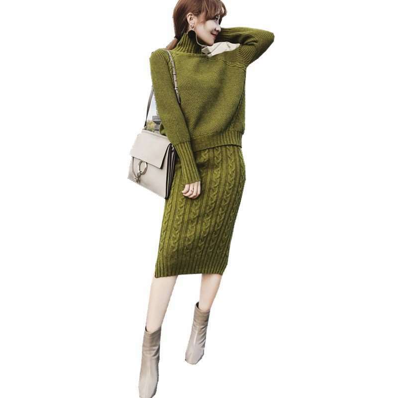 겨울 여성 스커트 투피스 세트, 긴 소매 터틀넥 니트 풀오버 스웨터 + 스플릿 스커트 투피스 세트 UM018