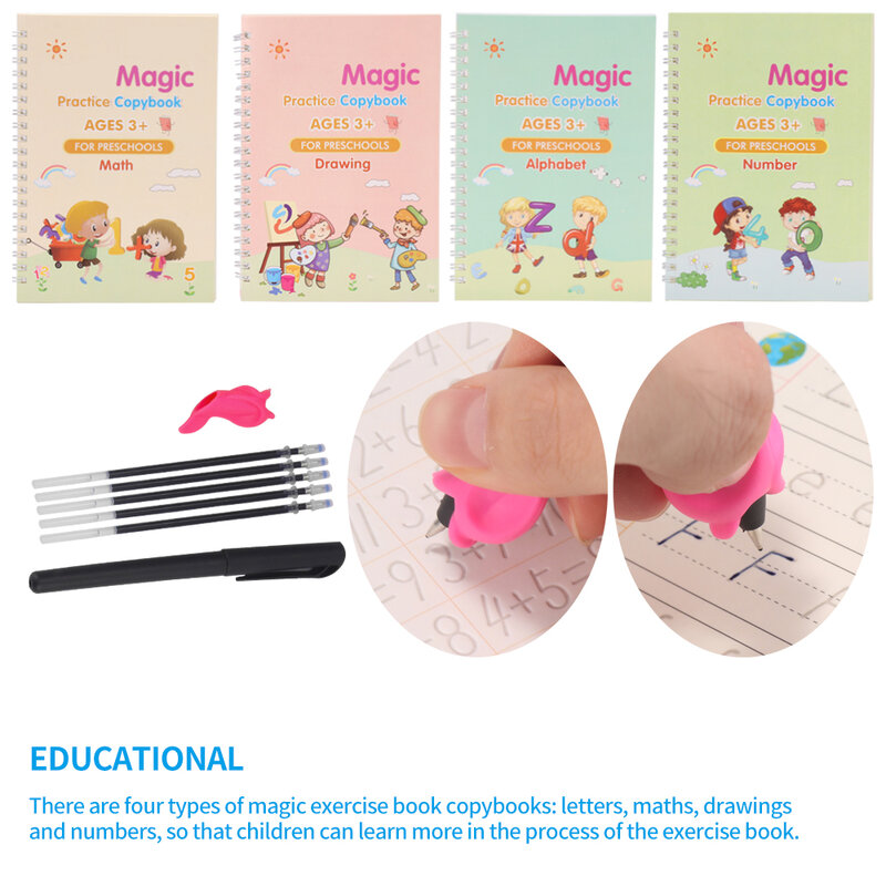 Cahier d'écriture réutilisable pour enfants, 4 livres de pratique, pour la calligraphie, pratique de la magie