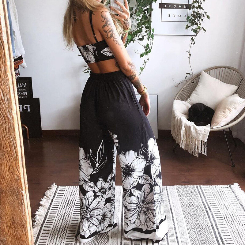 2021 Summer Women Sexy Two Piece Suit Sleeveless Beach Wear Twisted  Front Floral Print Crop Top & Wide Leg Pants Set NINIMOUR