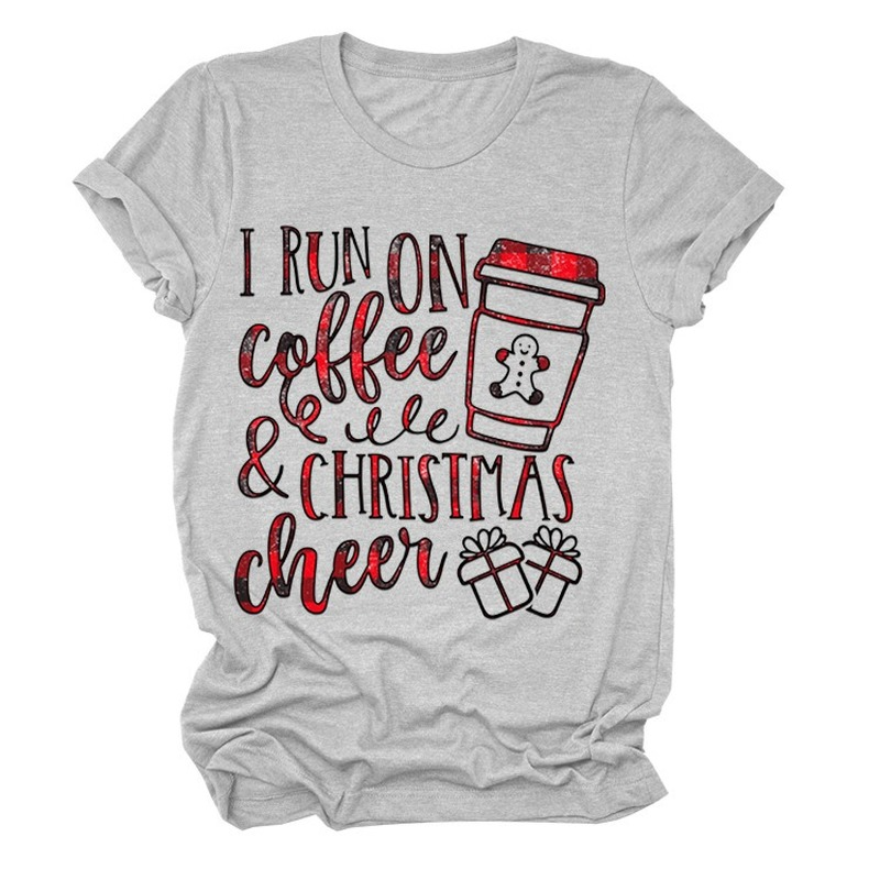 Camiseta con estampado de café y Navidad para Mujer, Camiseta holgada de manga corta con cuello redondo para Mujer, Camisetas para Mujer