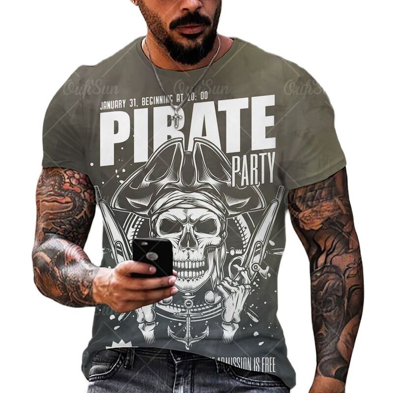 メンズ半袖Tシャツ,3D海賊プリントのストリートウェア,ラウンドネック,原宿,ファッショナブル,2021年夏の新作