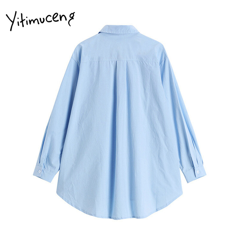 Yitimuceng botão acima blusa feminina solta camisas casuais turn-down colarinho reto sólido azul roupas 2021 primavera moda novos topos