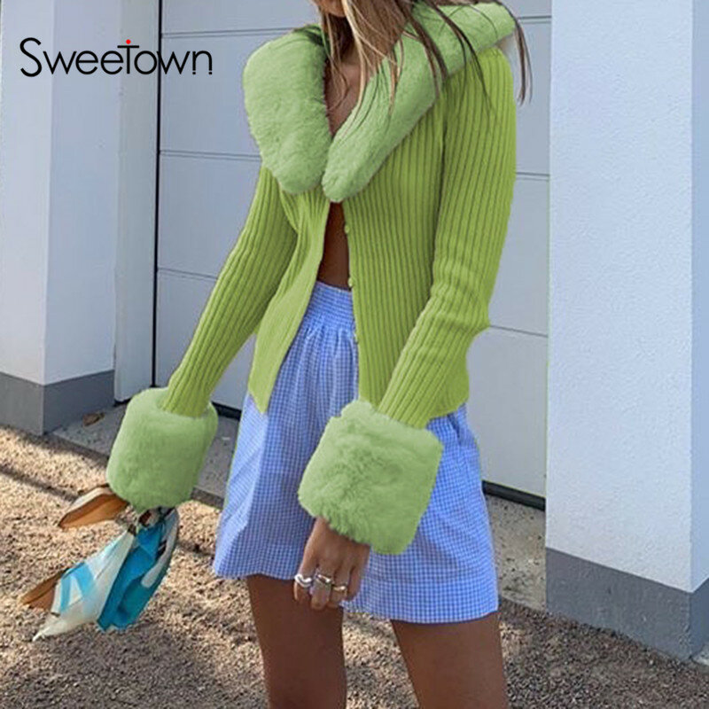 Sweetown-립드 니트 여성 가디건 스웨터, 신제품, 모피 트림 칼라, 긴 소매 슬림 점퍼, 여성 니트웨어