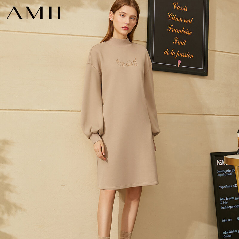 Amii vestido minimalista moda inverno camisa de suéter vestido feminino casual gola alta bordada manga lanterna vestido para mulheres 12030324