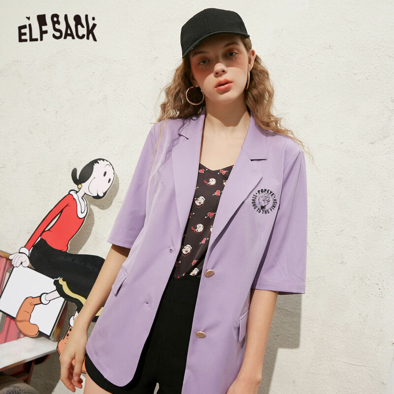 ELFSACK สีม่วงการ์ตูนพิมพ์เดี่ยวเกาหลีผู้หญิง Blazer เสื้อแจ็คเก็ต 2020 ฤดูร้อน ELF Beige Causal สตรีนิยม OVERSIZE Outwear