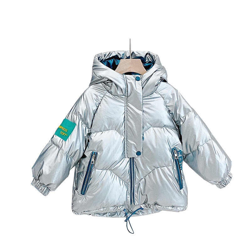 Зимняя детская блестящая индивидуальная пуховая куртка для мальчиков и девочек теплая пуховая куртка