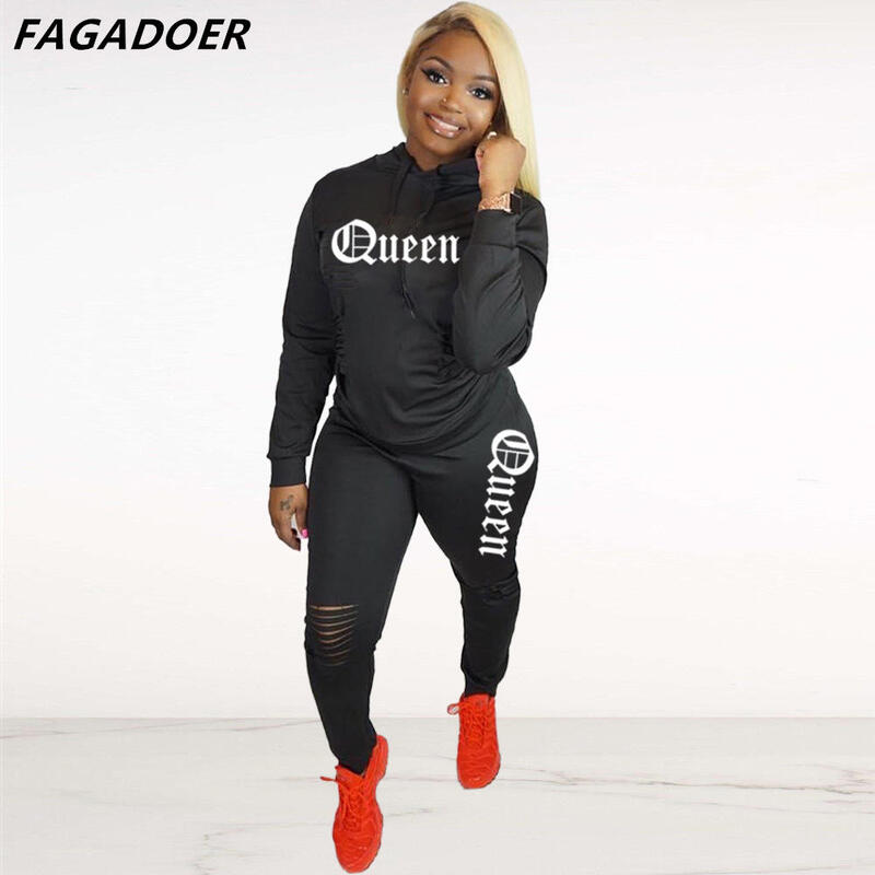 FAGADOER Fashion Autumn Sweatsuits Women Long Sleeve Hoodies + Ripped Sweatpants 2pcs Tracksuits QUEEN Letter Print Outfits 2021