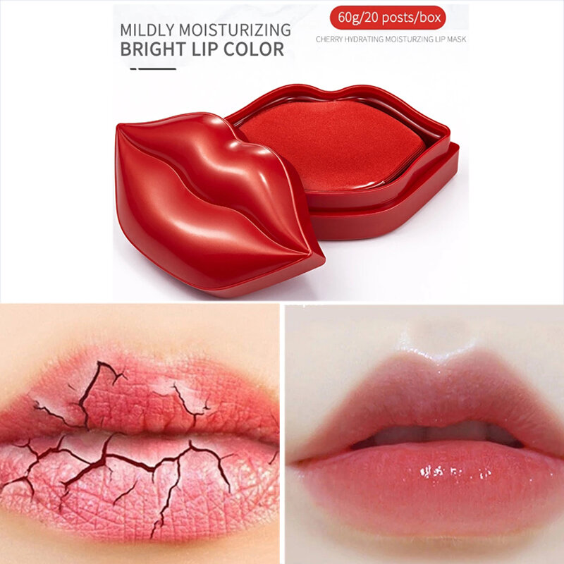 20 unids/caja labios máscara cuidado de cereza hidratante de labios nutritiva Mascarilla Anti-secado disminuye líneas del labio mejorar máscara caliente