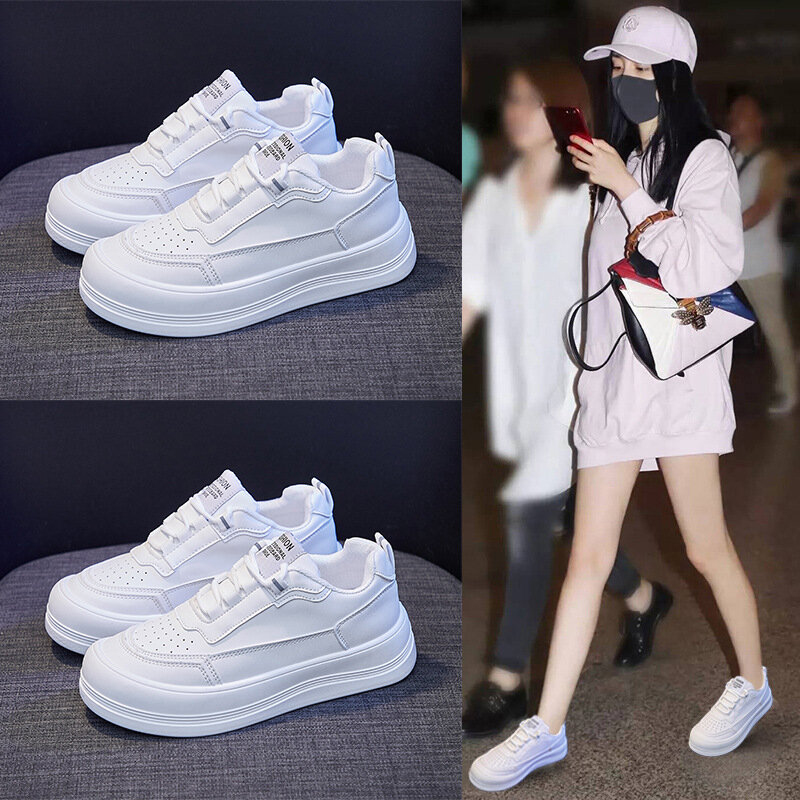 Sapatas brancas das mulheres 2021 primavera coreano dedo do pé redondo plana tênis plataforma mulher vulcanize sapatos formadores