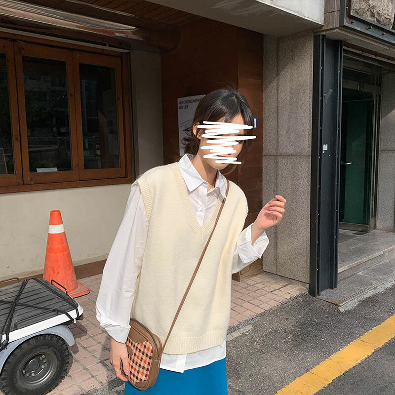 2019 autunno e inverno stile coreano scollo a v maglia tinta unita gilet senza maniche maglioni donna pullover donna (X1086)