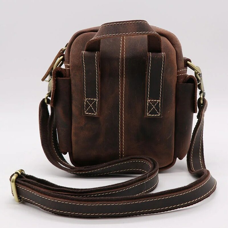 Men Functional Waist Belt Bag Genuine Leather Small Crossbody Shoulder Bag Male Top-handle Handbag Vintage Crazy Horse