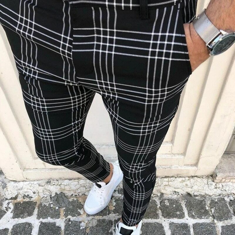 2021 sexy high wasit spring summer fashion pocket Men's Slim Fit Plaid Straight Leg Trousers Casual Pencil Jogger Casual Pants