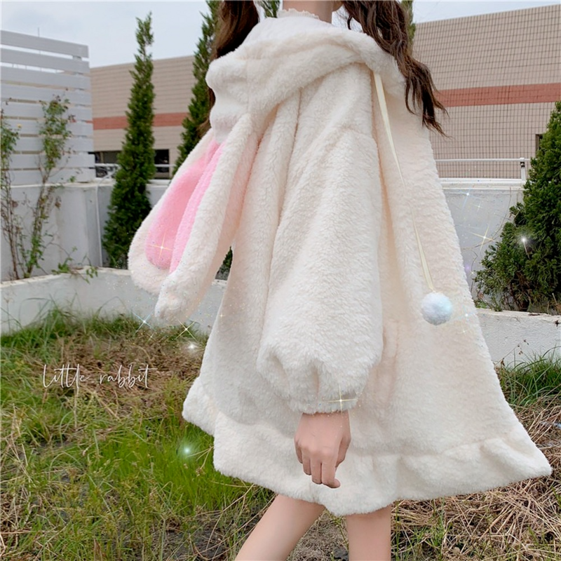 Japonês estilo outono inverno mulheres jaqueta doce jaqueta quente kawaii macio lã lambsem babados orelhas de coelho com capuz casacos para meninas