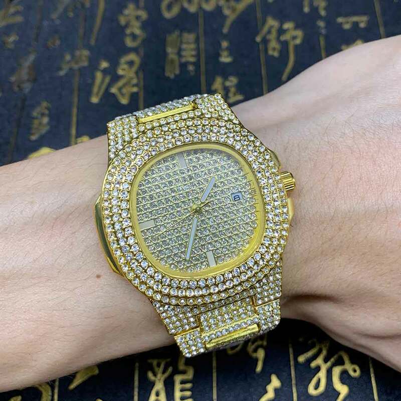 Hip hop iced para fora relógio masculino pulseira de diamante dos homens relógios de luxo marca de ouro masculino data reloj hombre relogio masculino