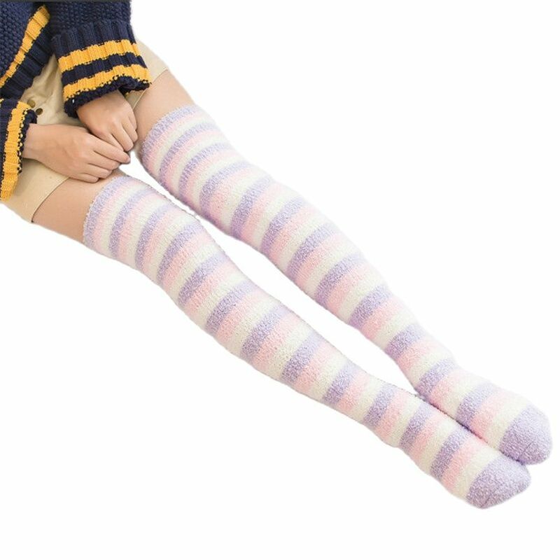 Very Soft & Warm Ladies Coral Fleece Striped Stockings Sexy Women Over Knee Thigh High Socks 2020 Winter Stockings Plus Size