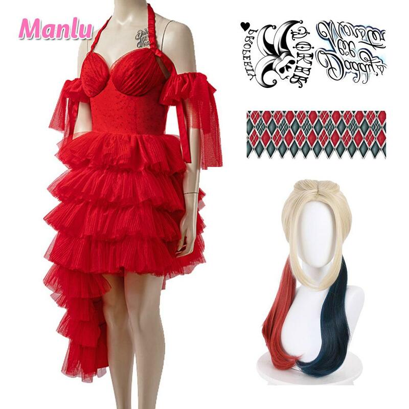 Костюм для косплея Квинна из «самоубийц», красное платье с рукавами для девушек, костюм на Хэллоуин, 2021