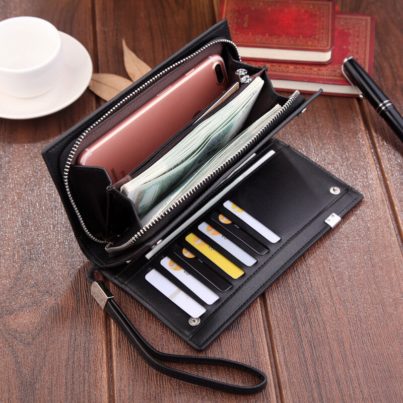 男性用ジッパー付き本革財布,高級ブランド,ビジネスストライプの財布,携帯電話バッグ