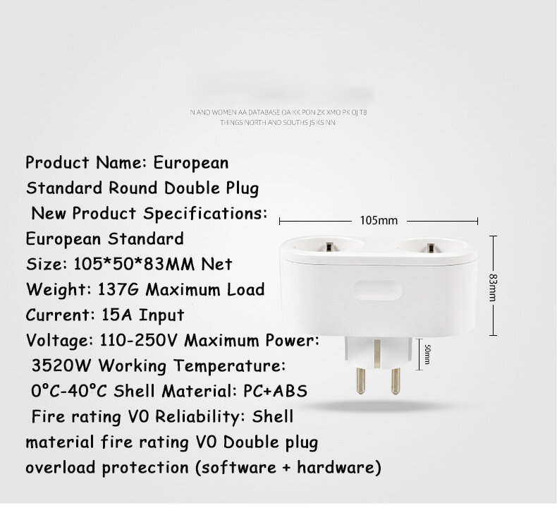 Tuya Eropa Smart Socket dengan Power Meter, Satu untuk Dua Dalam Satu Soket smart Home Wireless Kompatibel dengan Tuya Rumah Asisten