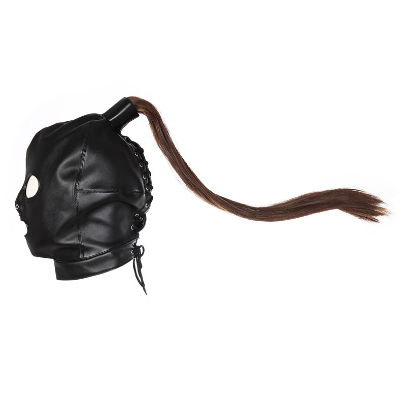 Sexo adulto produtos sm brinquedo do sexo bdsm máscara de cabeça de couro feminino com perucas cosplay trajes sexy escravo adereços adulto jogos