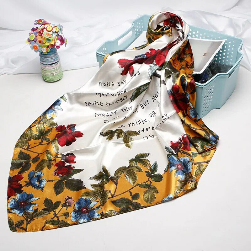 Pañuelo de seda para la cabeza para mujer, Bandana cuadrada y pequeña con estampado satinado, 90x90cm, 2020