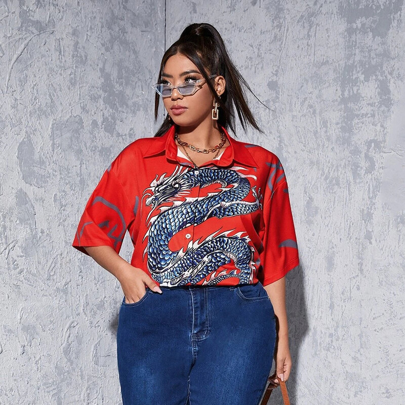 WXXL Plus size Women's Shirts New Dragon Print Chic Summer Spring Ladies Blouses  Harajuku Tops Short Sleeve Female Blusas Mujer