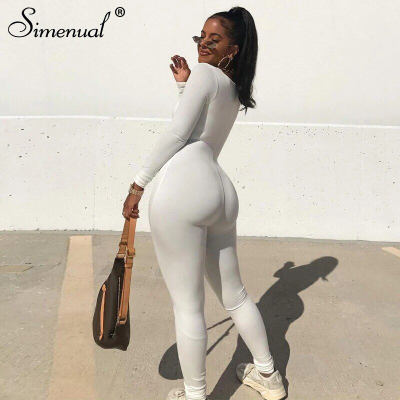 Simenual Solid Long Sleeve Sporty Casual Jumpsuits Basic Women Skinny Bodycon Overalls Active Wear Autumn Winter 2021 Jumpsuit