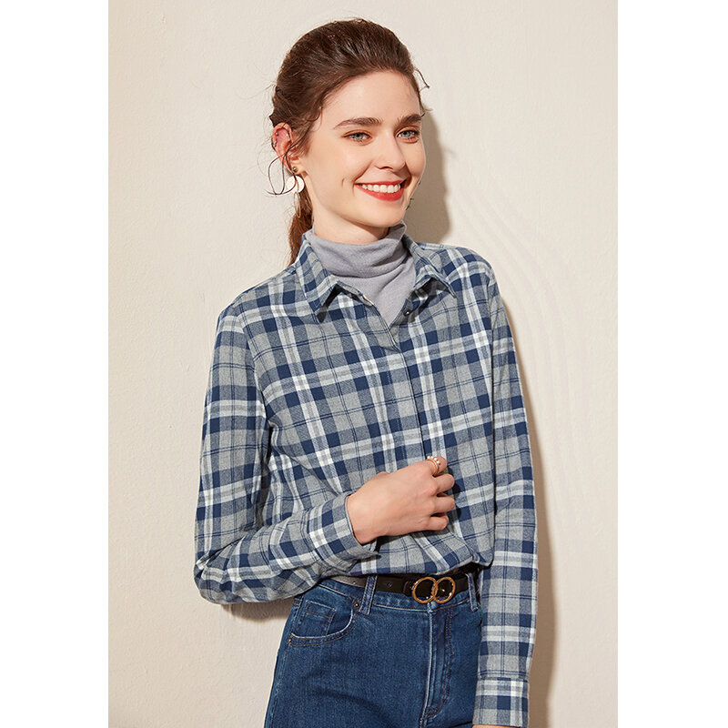 Cotton Bandage Dress Plaid Shirt Women's Long-Sleeved Brushed Cotton Thickened Striped Shirt Outdoor All-Matching Spring and