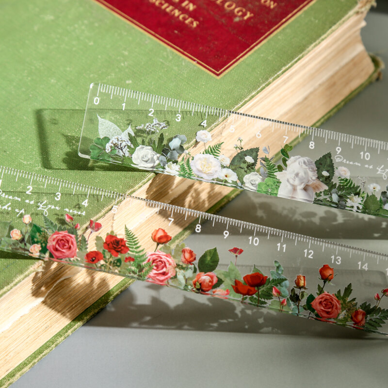 Regla acrílica transparente para diario, accesorios estéticos, flores, margaritas, tulipán, rosa, girasol, papelería para estudiantes, 15 cm