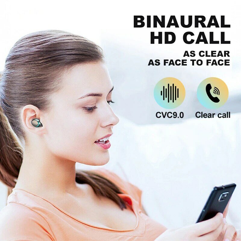 Auriculares TWS inalámbricos por Bluetooth 5,0, auriculares estéreo de graves 9D impermeables, auriculares manos libres con micrófono y estuche de carga