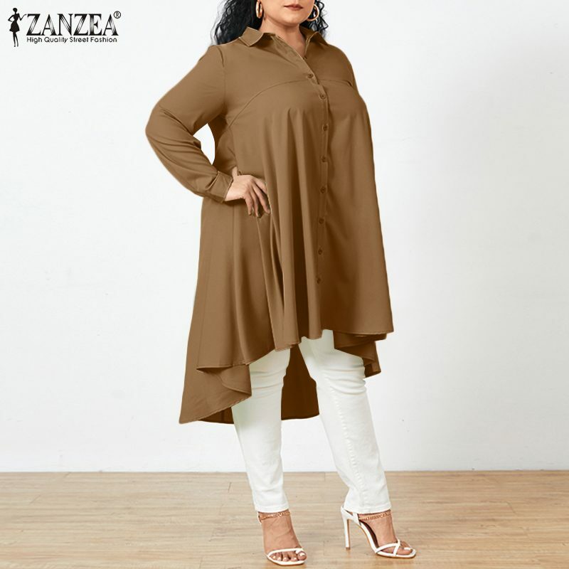 ZANZEA – chemise à manches longues pour femmes, grande taille, col à revers, asymétrique, chemisier, mode, boutons vers le bas, couleur unie, hauts longs, automne