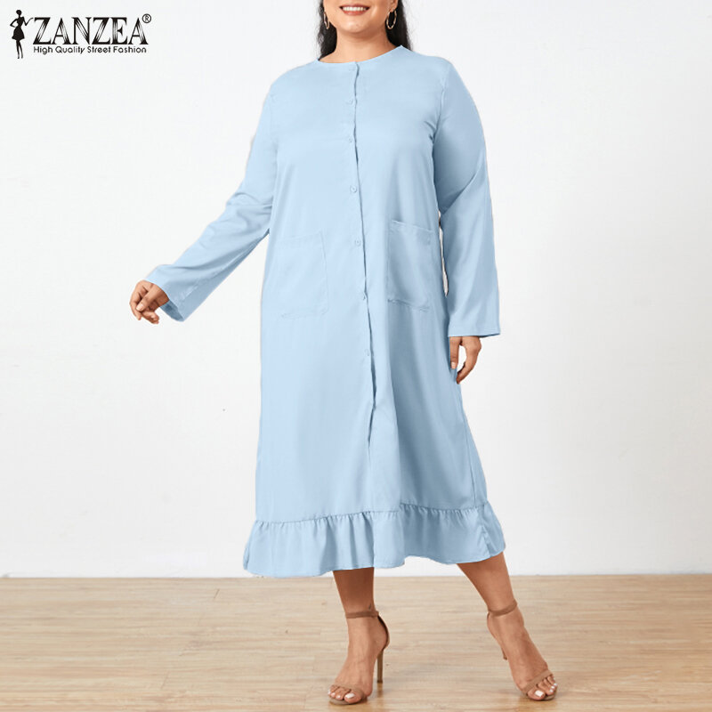 2022 elegante donna manica lunga O collo Sundress ZANZEA Casual Solid Ruffle Shirt Dress Oversized Holiday Female Plus Size Robe
