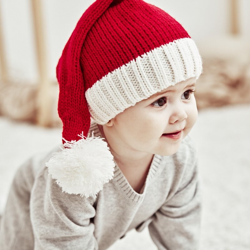 Topi Santa Anak Topi Merah Orangtua-anak dengan Topi Rajut PompomAdult Putih Topi Beanie Lembut Topi Natal Musim Gugur/Dingin Navidad