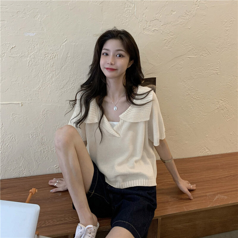 Frauen Sommer Kurzarm Pullover Lose Pullover Top Kitted T-stück Beiläufige Lose Faul Stil Büro Dame Süße Mode Koreanischen Japan