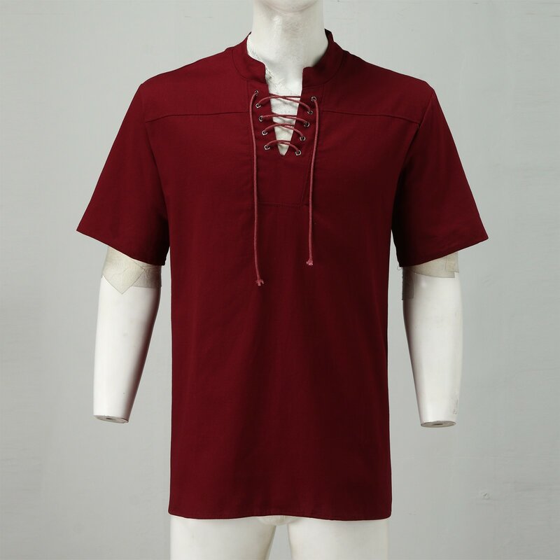 Camisa masculina vintage com decote em v, 53 #, camisa de manga curta com cadarço, camisas de tamanho grande para homens, moda urbana