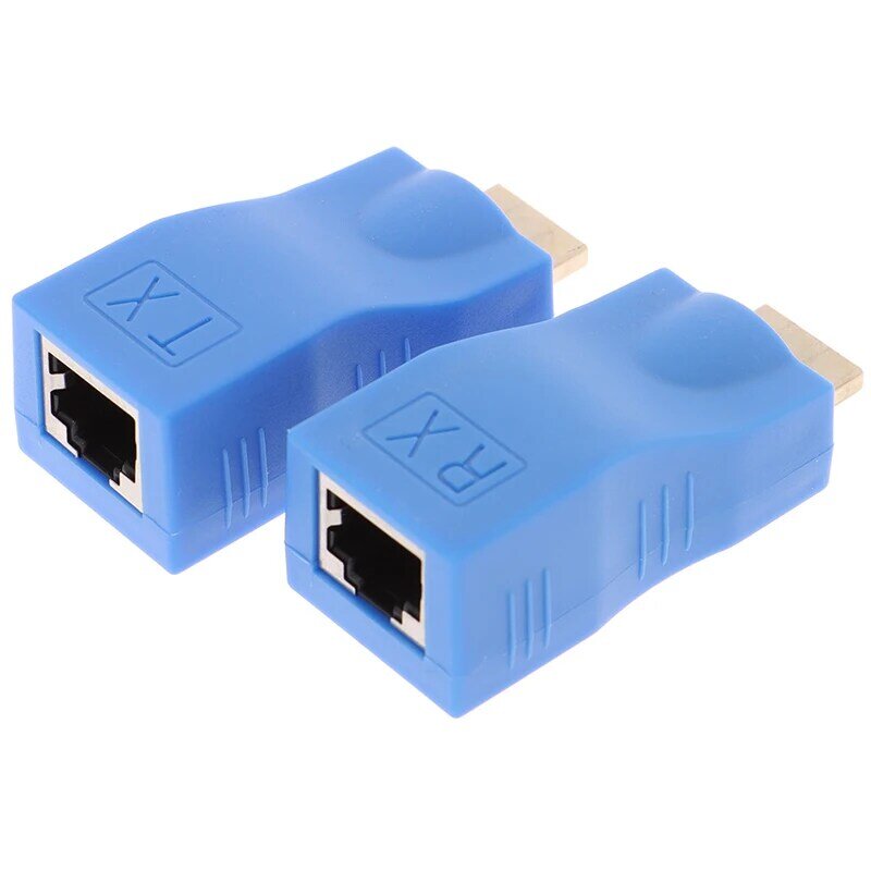 2pcs ABS Metal 1080P HDMI Extender to RJ45 Over Cat 5e/6 Network LAN Ethernet Adapter with Blue Color 30m Transmission Distance