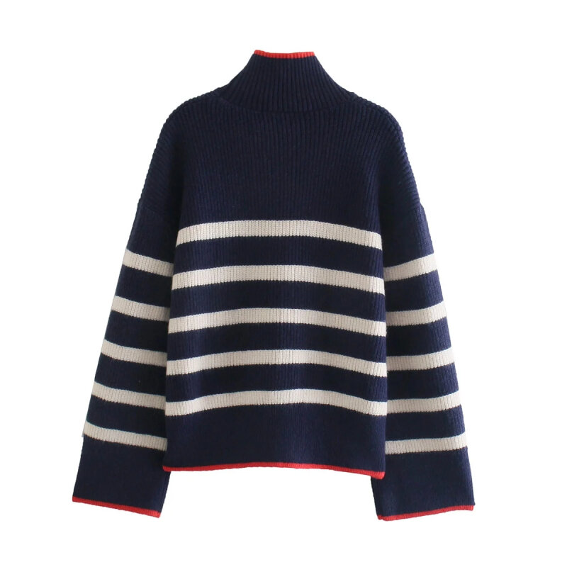 SLMD-suéteres de rayas de Cuello medio alto para mujer, suéteres de punto holgados a la moda, jerséis de manga larga Vintage para mujer 2021