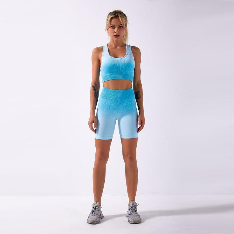Set Yoga Mulus Ombre 2 Buah Bra Olahraga Wanita + Celana Pendek Olahraga Pinggang Tinggi Pakaian Gym Jogging Pakaian Olahraga Kebugaran Setelan Olahraga