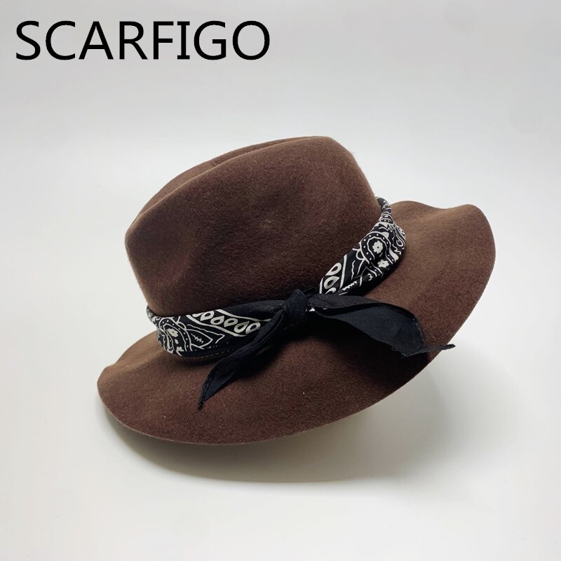 Chapéu scarfigo de aba larga, chapéu tipo fedora para homens e mulheres, chapéu clássico de lã em cor sólida